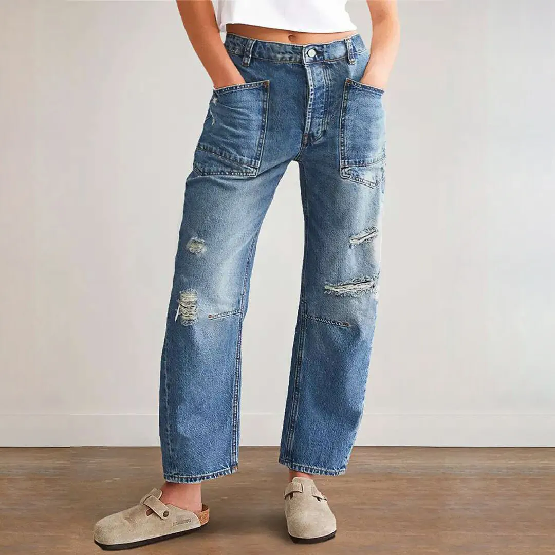 Vintage Ripped Denim Jeans for Women Casual Loose Straight Leg Pants