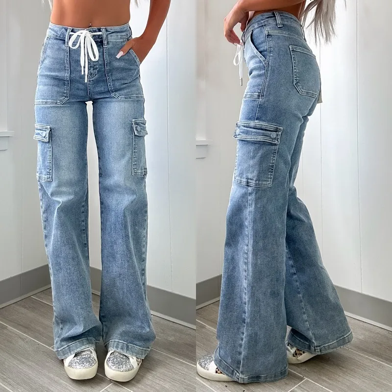 Straight-Leg Women Casual Lace-Up Multi-Pocket Cargo Jeans
