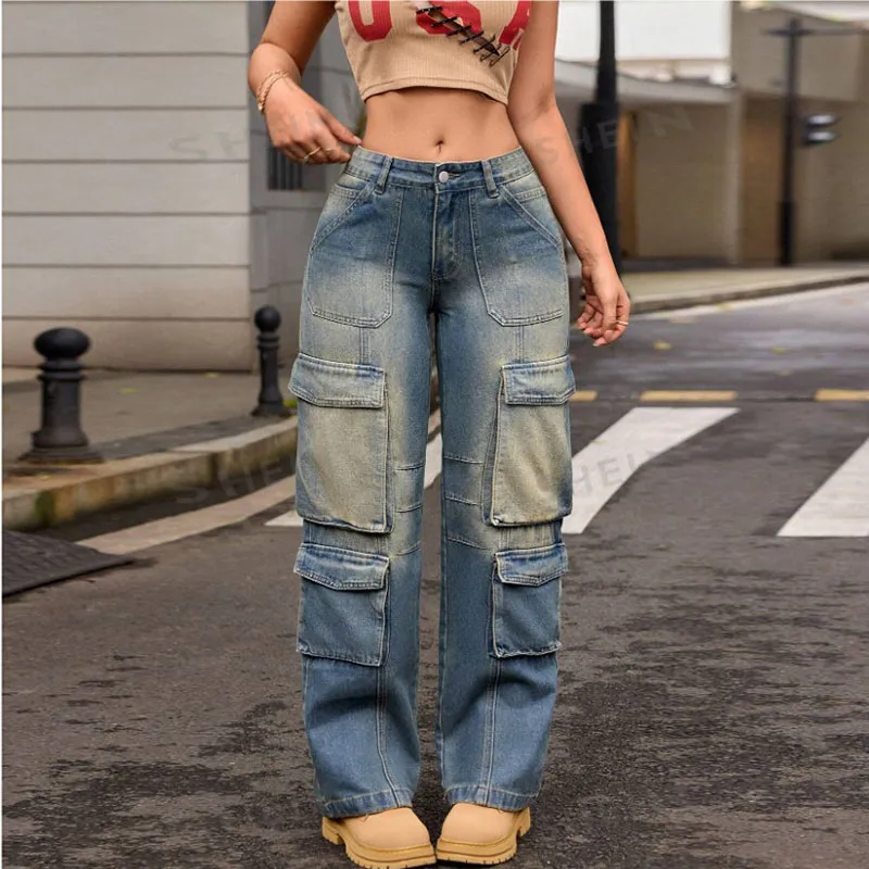Women Y2k Retro Nostalgic Street Cargo Hip Hop Multi-Pocket Straight Leg Jeans