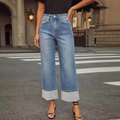 Women Fashion Basic Wide Leg Straight Crop Jeans