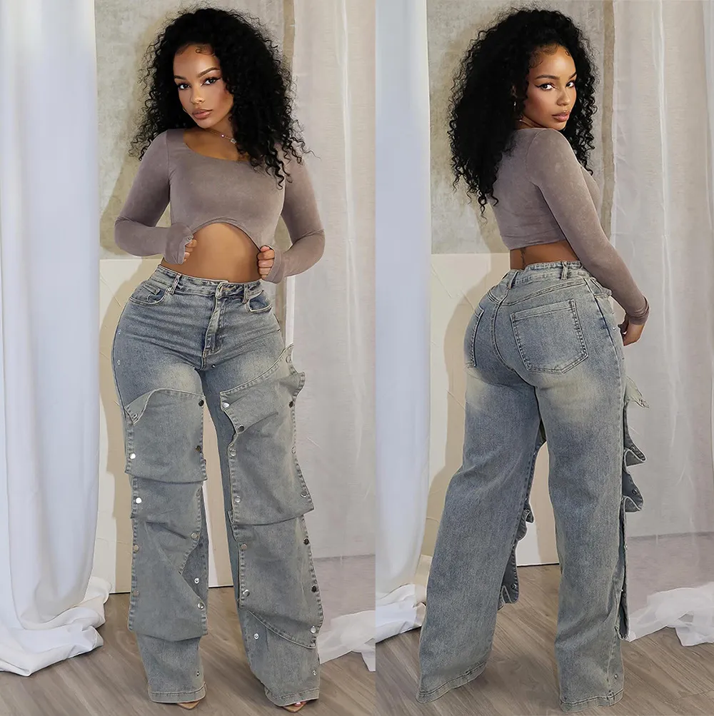 Women Straight-Leg Detachable Button High Waist Jeans for Autumn Winter