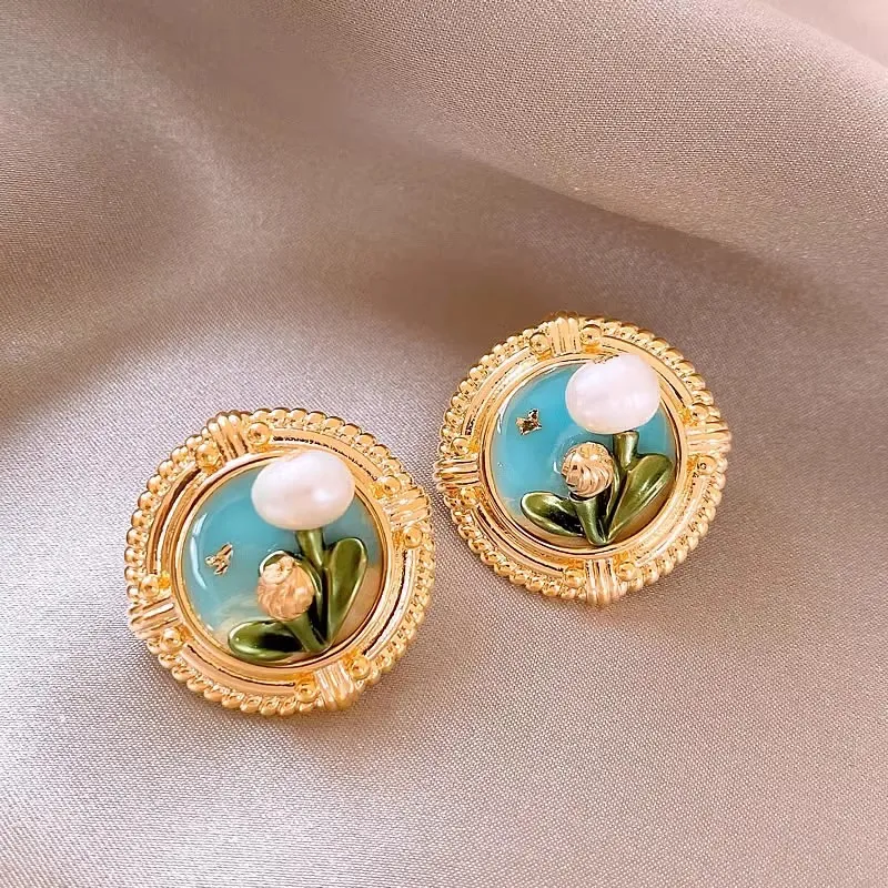 Monet Garden Oil Painting Vintage Style Imitation Pearl Earrings