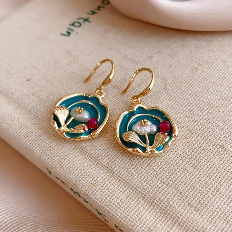 Oil Painting Vintage Baroque Pearl Flower Earrings