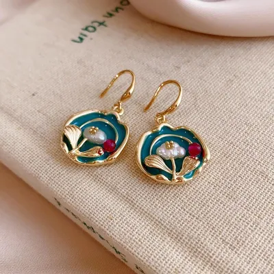 Oil Painting Vintage Baroque Pearl Flower Earrings