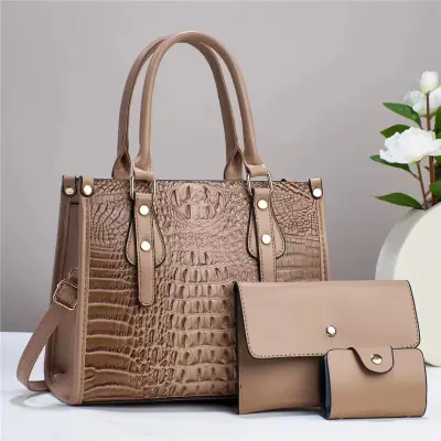 Women Elegant Crocodile Print Large-Capacity PU Handbag Sets with Zipper Closure