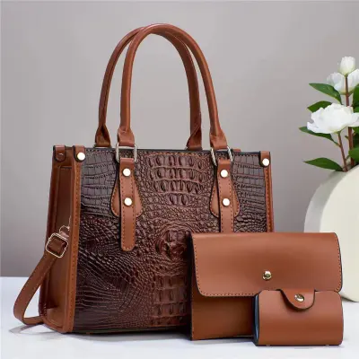Women Elegant Crocodile Print Large-Capacity PU Handbag Sets with Zipper Closure