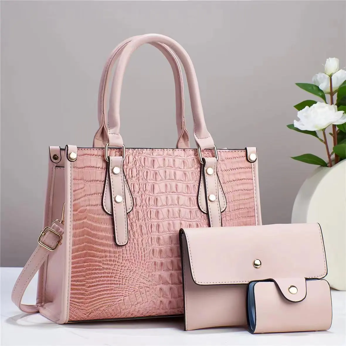 Women Elegant Crocodile Print Large-Capacity PU Handbag Sets with Zipper Closure