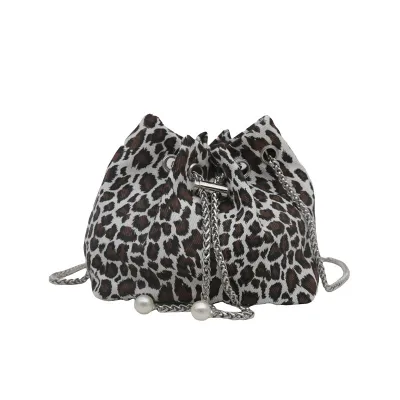 Women Fashion Leopard Printed Chain Bucket Shoulder Bag with Drawstring