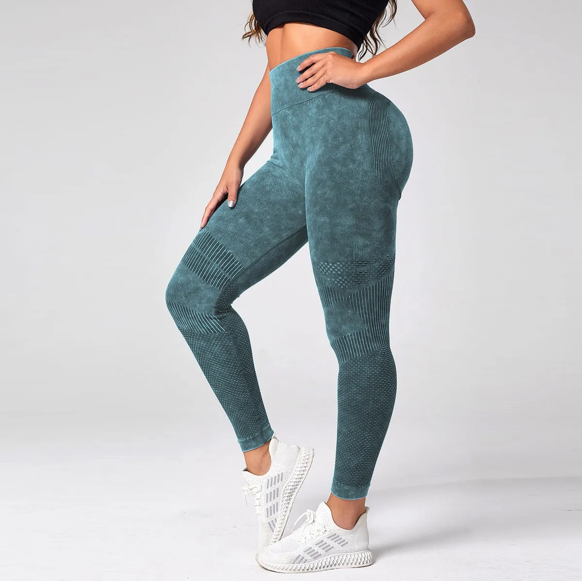 Women High-Waist Yoga Sports Leggings in Washed Scrub Style