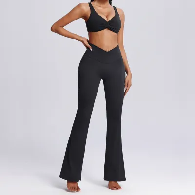 Women Yoga Fashion Solid Color Nylon Sports Two-Piece Set with Micro-Pants