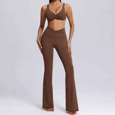 Women Yoga Fashion Solid Color Nylon Sports Two-Piece Set with Micro-Pants