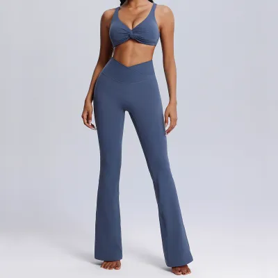 Women Yoga Fashion Solid Color Nylon Sports Two-Piece Set with Micro-Pants