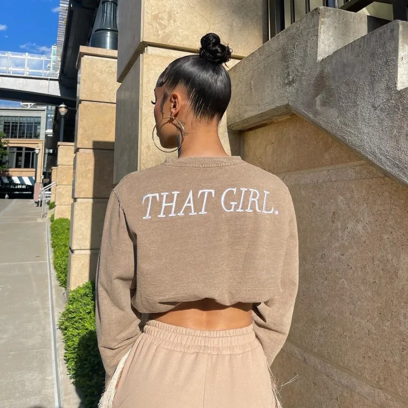 Autumn Solid Color Embroidered Letter Long Sleeve Crop Pullover Sweatshirt