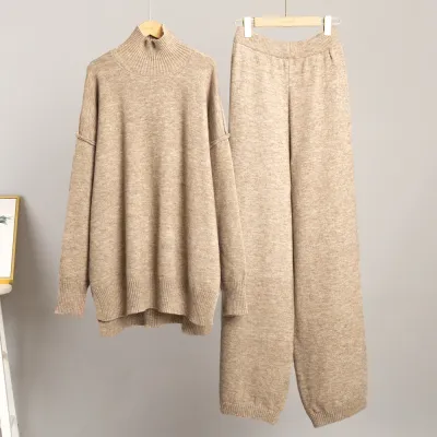 Women's Turtleneck Sweater Loose Casual Cozy Thickened Knitted Pants Set for Autumn Winter