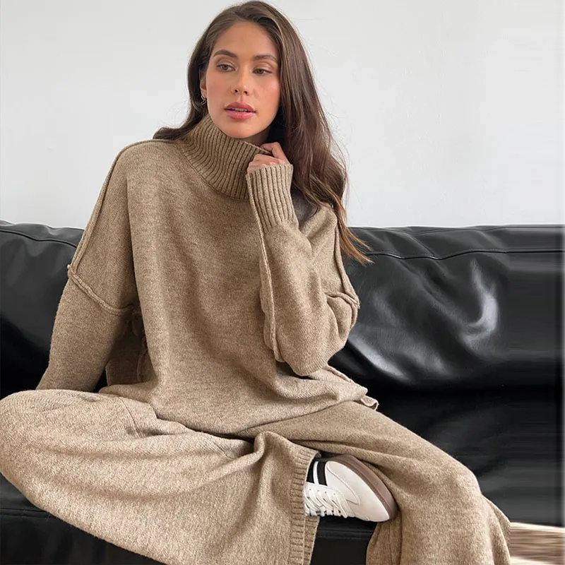 Women's Turtleneck Sweater Loose Casual Cozy Thickened Knitted Pants Set for Autumn Winter