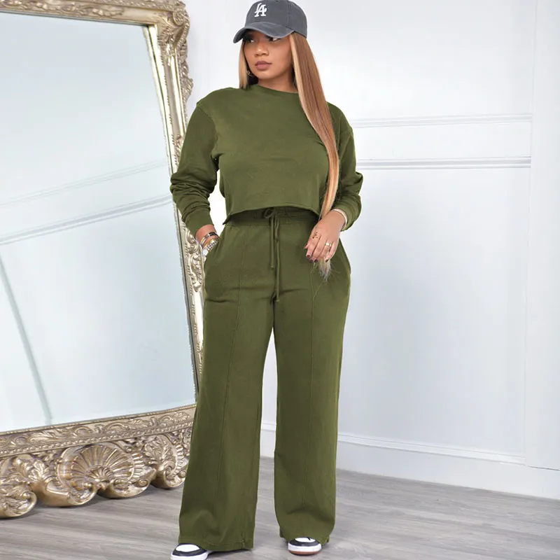 Athleisure Women Winter Thickened Crop Sweatshirt Casual Pants Two-Piece Sportswear Set