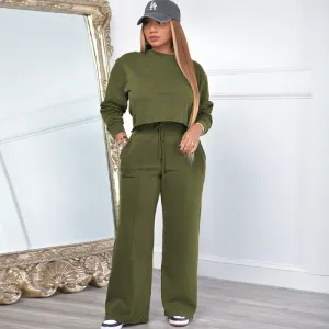 Athleisure Women Winter Thickened Crop Sweatshirt Casual Pants Two-Piece Sportswear Set