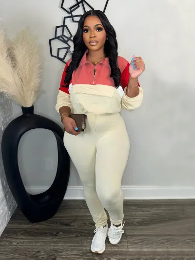 Autumn Winter Athleisure Contrast Color Zipper Sweatshirt Tight Pants Sports Two-Piece Set