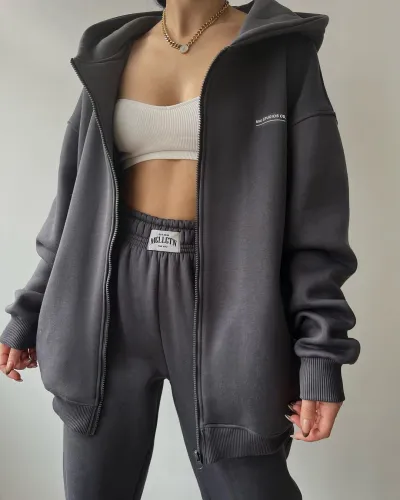 Athleisure Women Long Sleeve Fleece-Lined Zipper Hoodie Sweatpants Casual Sports Set