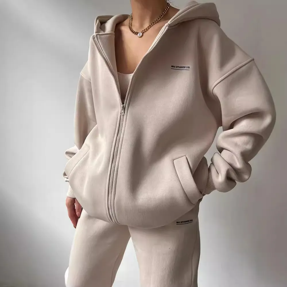 Athleisure Women Long Sleeve Fleece-Lined Zipper Hoodie Sweatpants Casual Sports Set