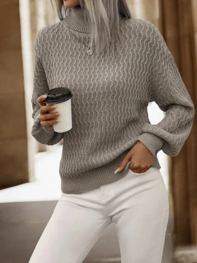 Autumn Winter Women Loose Casual High Neck Thick Knitted Sweater Plaid Pullover