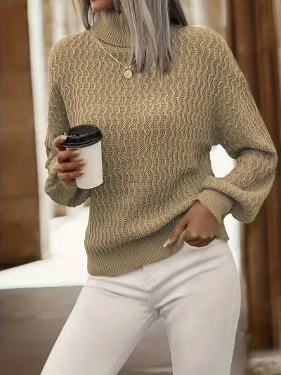 Autumn Winter Women Loose Casual High Neck Thick Knitted Sweater Plaid Pullover