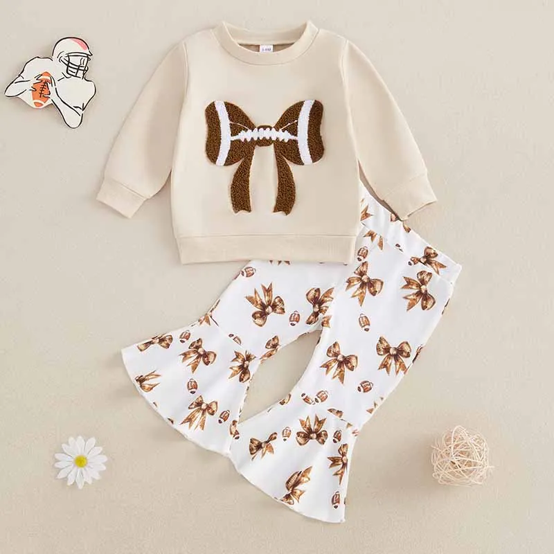Kids Toddler Girls Casual Cute Bow Print Long Sleeve Sweatshirt And Flare Trousers 2 Piece Set