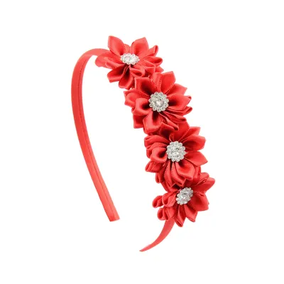 Kids Girls Cute Sweet Plaid Flower Rhinestone Hair Band with Bow