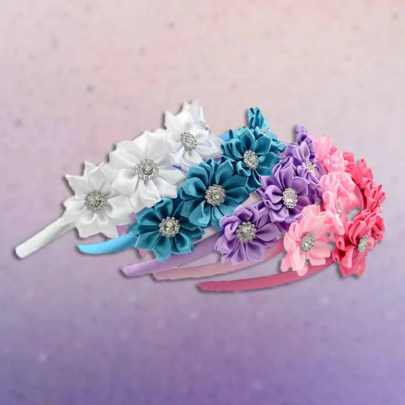 Kids Girls Cute Sweet Plaid Flower Rhinestone Hair Band with Bow