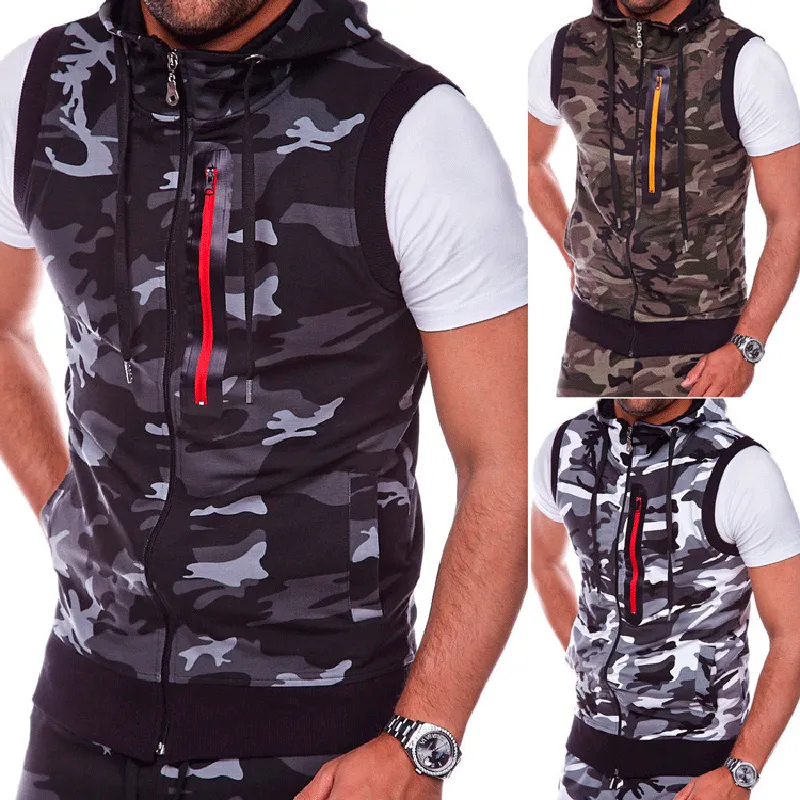 Men Casual Camouflage Sleeveless Hooded Vest Slim Fit Sport