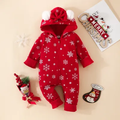 Kids Baby Girls Cute Party Christmas Snowflake Long Sleeve Hooded Romper