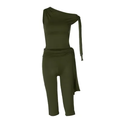 Women Summer Fashion Slant Collar Sleeveless Top Slim Fit Lace-Up Shorts Set