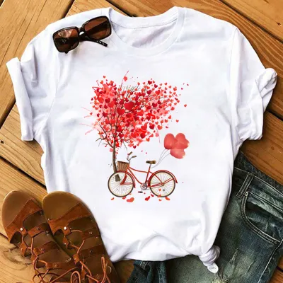 Women Plus Size Loose Short Sleeve Heart Print T-Shirt Party Valentine
