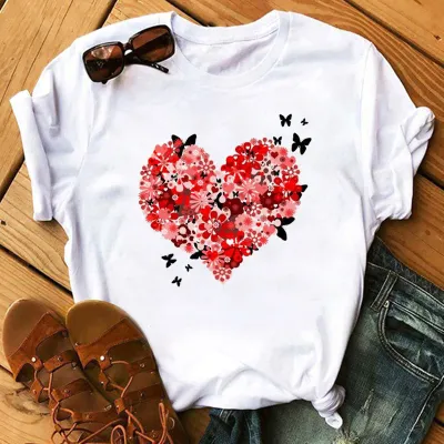 Women Plus Size Loose Short Sleeve Heart Print T-Shirt Party Valentine