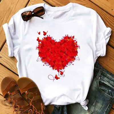 Women Plus Size Loose Short Sleeve Heart Print T-Shirt Party Valentine