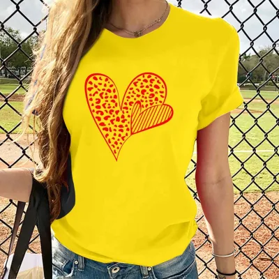 Women Plus Size Heart Print Street Hipster Short-Sleeved Crewneck T-Shirt for Valentine Party