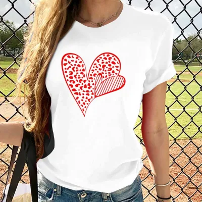 Women Plus Size Heart Print Street Hipster Short-Sleeved Crewneck T-Shirt for Valentine Party