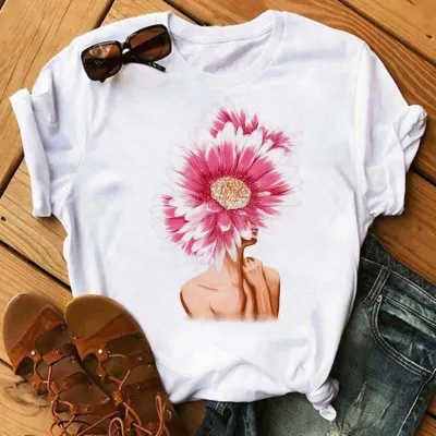 Summer Flower Girl Cartoon Crewneck Cute Plus Size Women Casual White Short-Sleeved T-Shirt