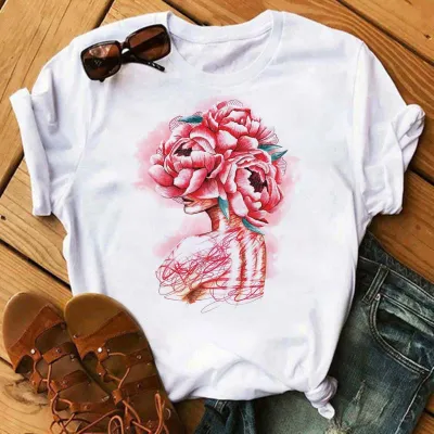 Summer Flower Girl Cartoon Crewneck Cute Plus Size Women Casual White Short-Sleeved T-Shirt
