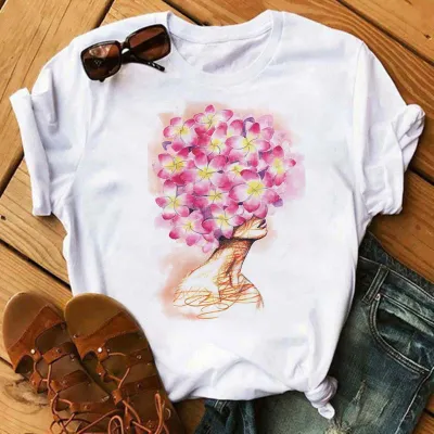 Summer Flower Girl Cartoon Crewneck Cute Plus Size Women Casual White Short-Sleeved T-Shirt