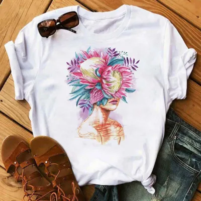 Summer Flower Girl Cartoon Crewneck Cute Plus Size Women Casual White Short-Sleeved T-Shirt