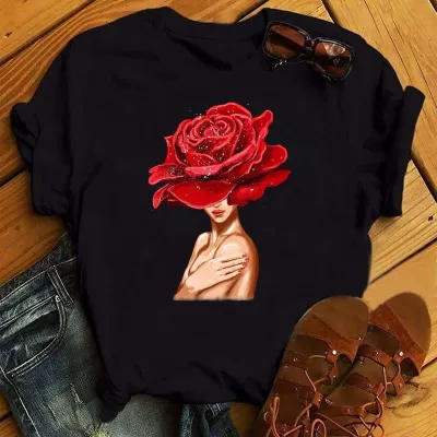 Summer Flower Girl Cartoon Crewneck Cute Plus Size Women Casual White Short-Sleeved T-Shirt