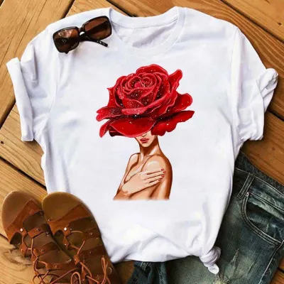 Summer Flower Girl Cartoon Crewneck Cute Plus Size Women Casual White Short-Sleeved T-Shirt