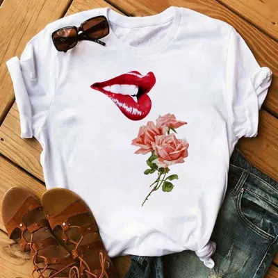 Summer Flower Girl Cartoon Crewneck Cute Plus Size Women Casual White Short-Sleeved T-Shirt