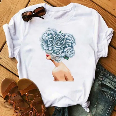 Summer Flower Girl Cartoon Crewneck Cute Plus Size Women Casual White Short-Sleeved T-Shirt