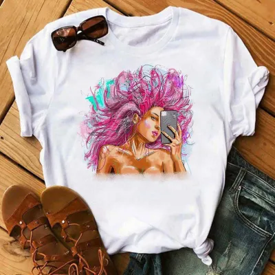 Summer Flower Girl Cartoon Crewneck Cute Plus Size Women Casual White Short-Sleeved T-Shirt