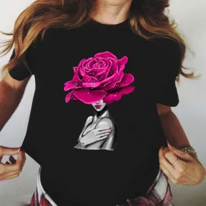 Summer Flower Girl Cartoon Crewneck Cute Plus Size Women Casual White Short-Sleeved T-Shirt