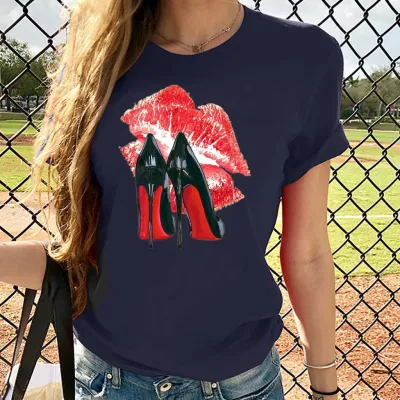 Women's Lip Print Street Hipster T-Shirt Short Sleeve Crewneck Pullover