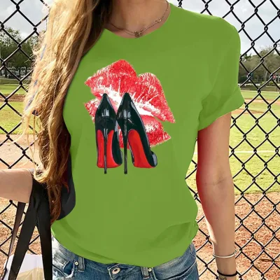 Women's Lip Print Street Hipster T-Shirt Short Sleeve Crewneck Pullover
