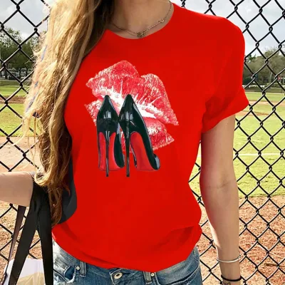Women's Lip Print Street Hipster T-Shirt Short Sleeve Crewneck Pullover